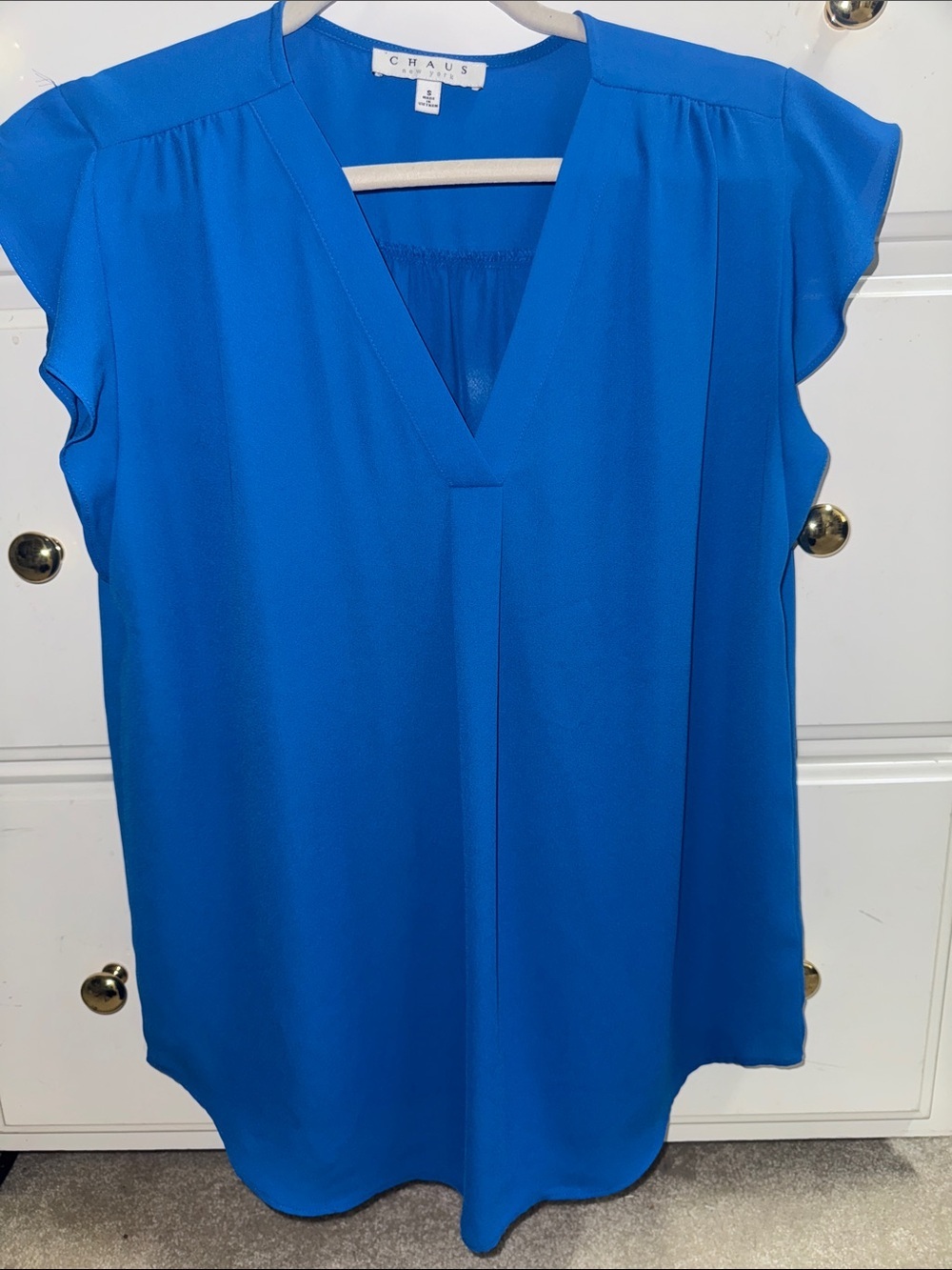Chaus Bright Blue V-Neck Flutter Sleeve Blouse - Picture 1 of 4